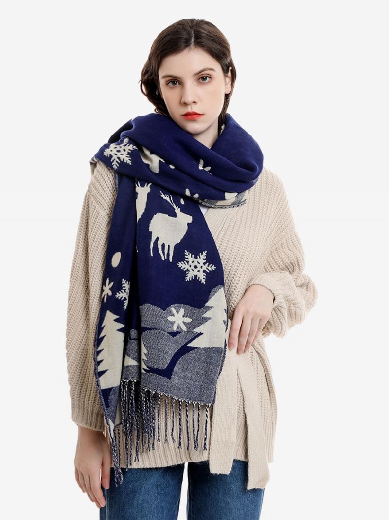 Sjaal Dames Mode Kerstpatroon Franje Winter Warm Acc - Blauw