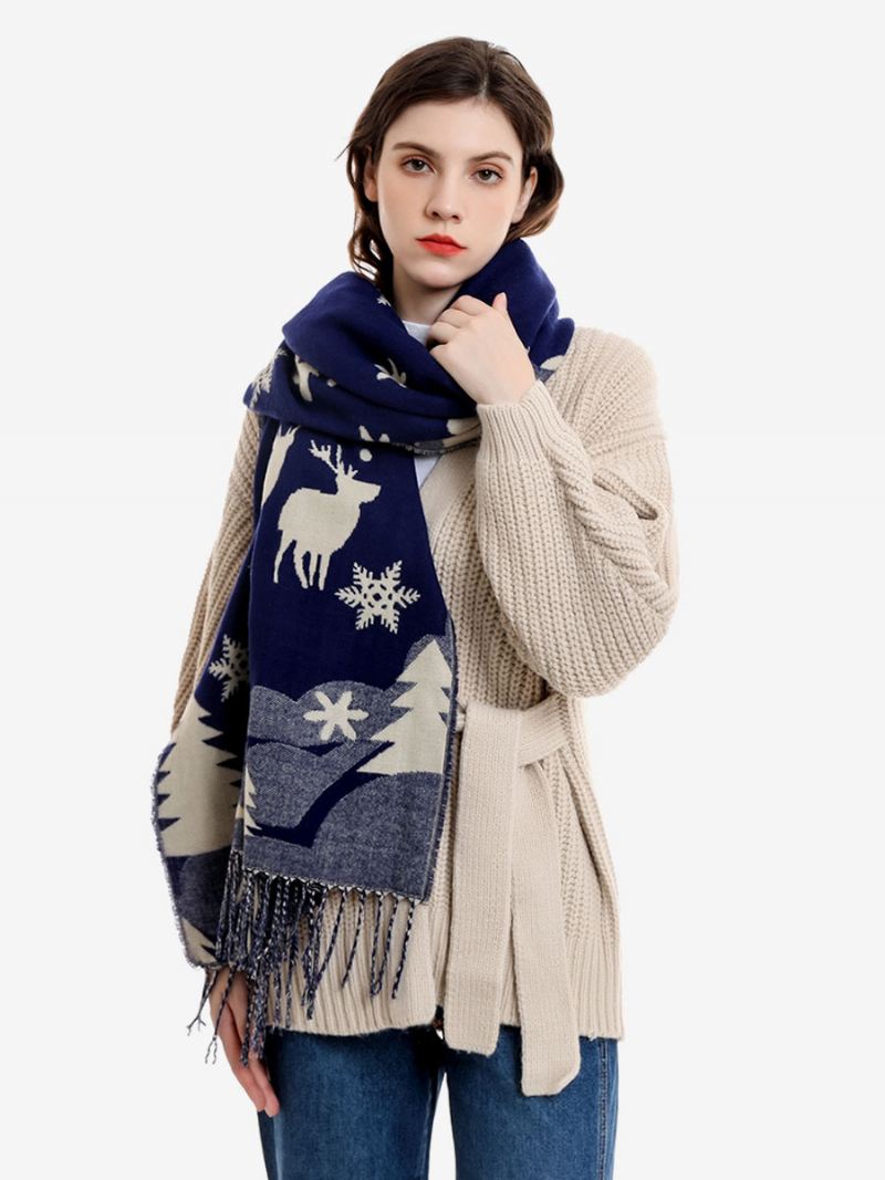 Sjaal Dames Mode Kerstpatroon Franje Winter Warm Acc - Blauw