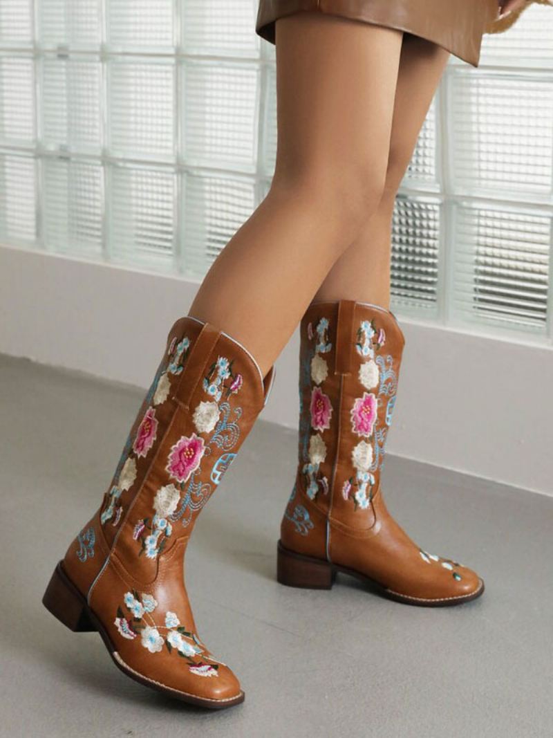 Bruine Cowboylaarzen Dames Ronde Neus Puppyhak Halfhoge Kuitlaarzen Cowgirl-trouwschoenen - Donker Bruin