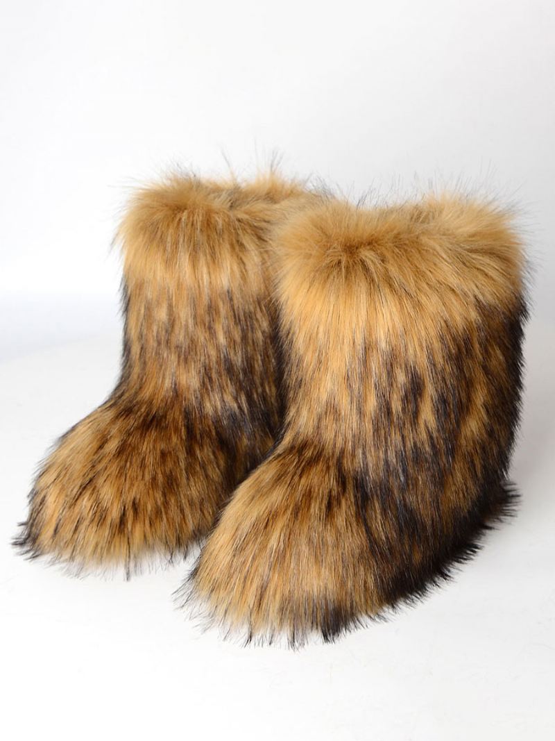 Bruine Winterlaarzen Dames Met Imitatiebontdetail Ronde Neus Paw Bear-winterlaarzen