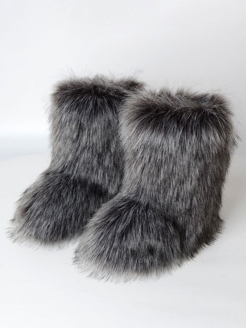 Bruine Winterlaarzen Dames Met Imitatiebontdetail Ronde Neus Paw Bear-winterlaarzen - Diepgrijs