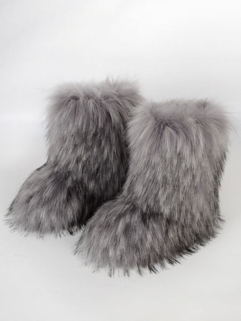 Bruine Winterlaarzen Dames Met Imitatiebontdetail Ronde Neus Paw Bear-winterlaarzen - Lichtgrijs