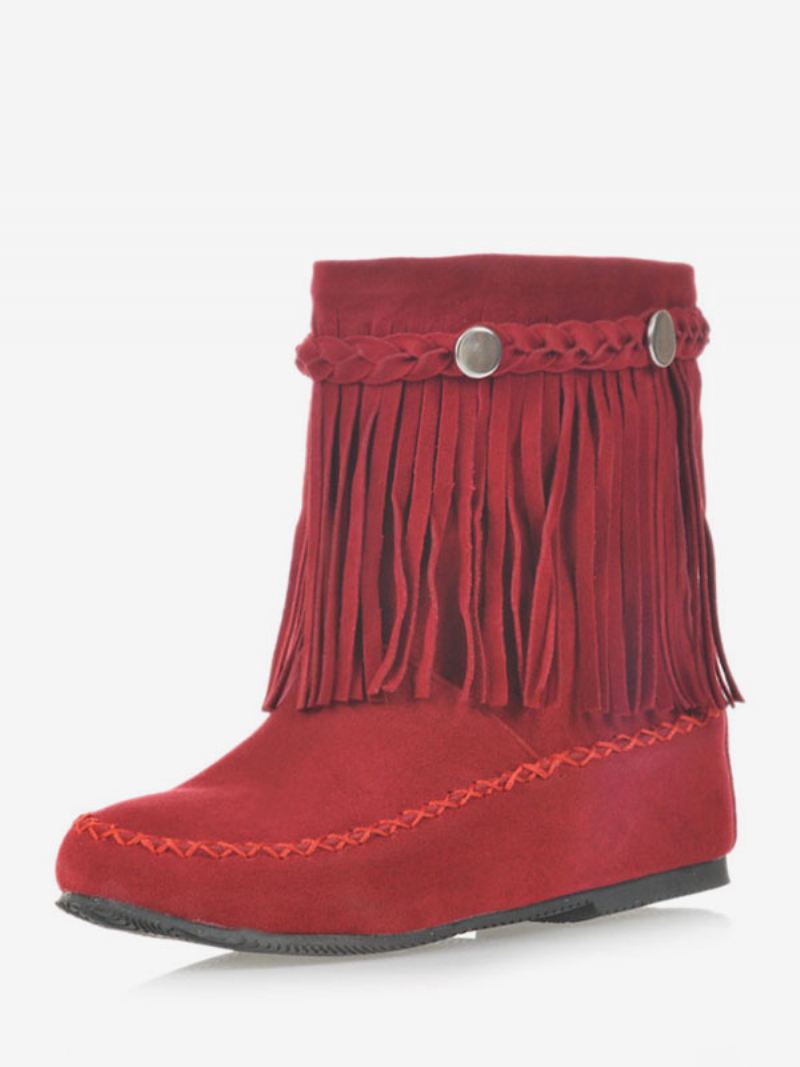 Dames Boheemse Laarsjes Fringe Ronde Neus Platte Cowgirl Korte Laarzen - Rood