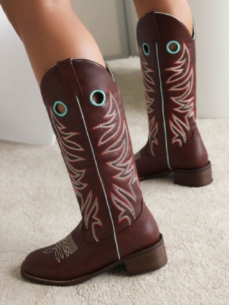 Dames Cowboylaarzen Bruine Ronde Neus Halfhoge Kuitlaarzen Cowgirl Trouwschoenen