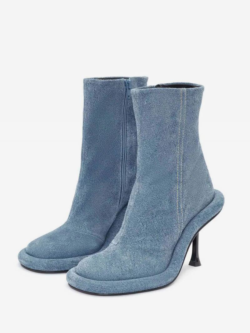 Dames Enkellaarzen Denim Blauw Ronde Neus Ontworpen Stiletto Hak Laarsjes