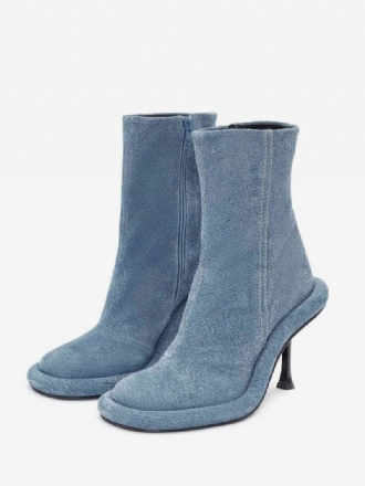 Dames Enkellaarzen Denim Blauw Ronde Neus Ontworpen Stiletto Hak Laarsjes