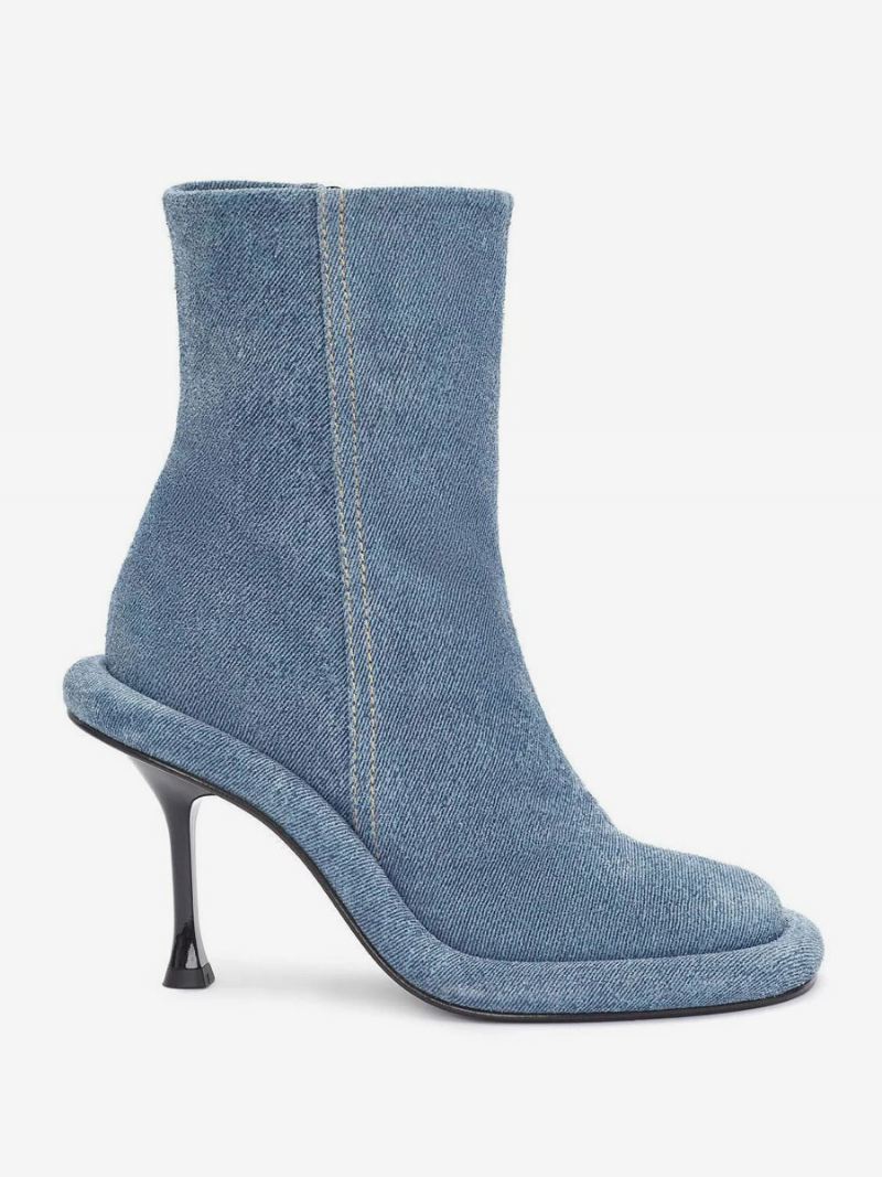 Dames Enkellaarzen Denim Blauw Ronde Neus Ontworpen Stiletto Hak Laarsjes - Licht Hemelsblauw