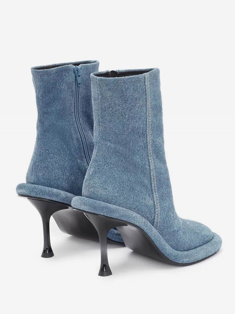 Dames Enkellaarzen Denim Blauw Ronde Neus Ontworpen Stiletto Hak Laarsjes - Licht Hemelsblauw