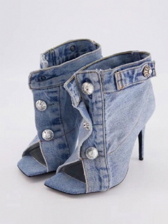 Dames Enkellaarzen Denimblauw Open Teen Knoopdetail Hoge Hak Laarsjes