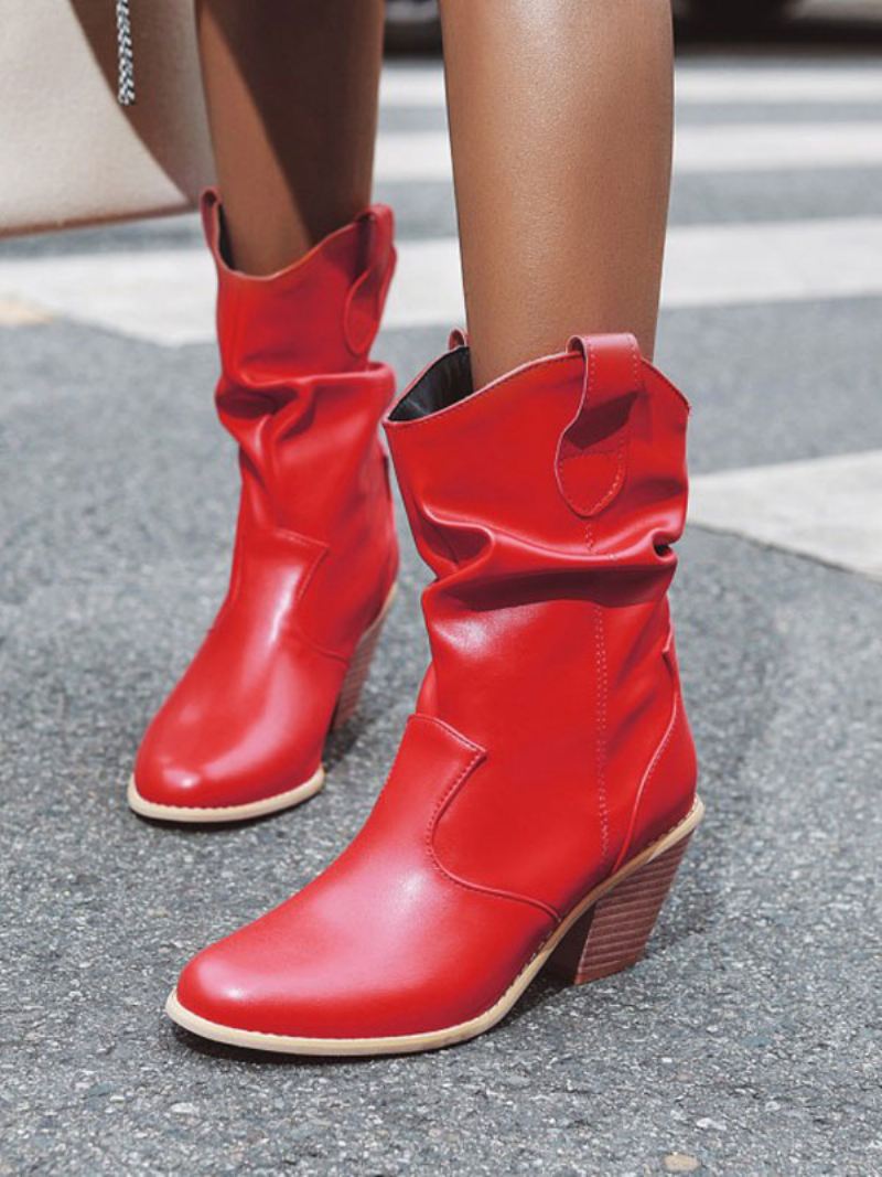 Dames Enkellaarzen Wit Leer Ronde Neus Dikke Hak Gesneden Geborduurde Laarsjes Cowgirl Trouwschoenen - Rood