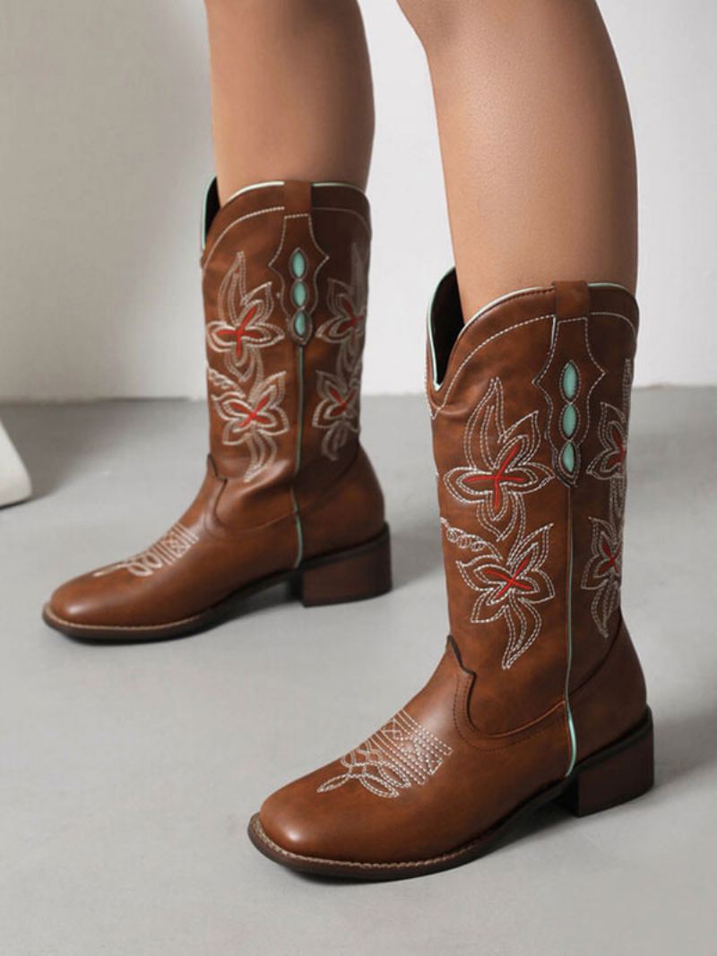 Dames Halfhoge Laarzen Pu-leer Cowboylaarzen Met Ronde Neus Cowgirl-trouwschoenen