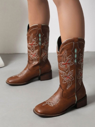 Dames Halfhoge Laarzen Pu-leer Cowboylaarzen Met Ronde Neus Cowgirl-trouwschoenen