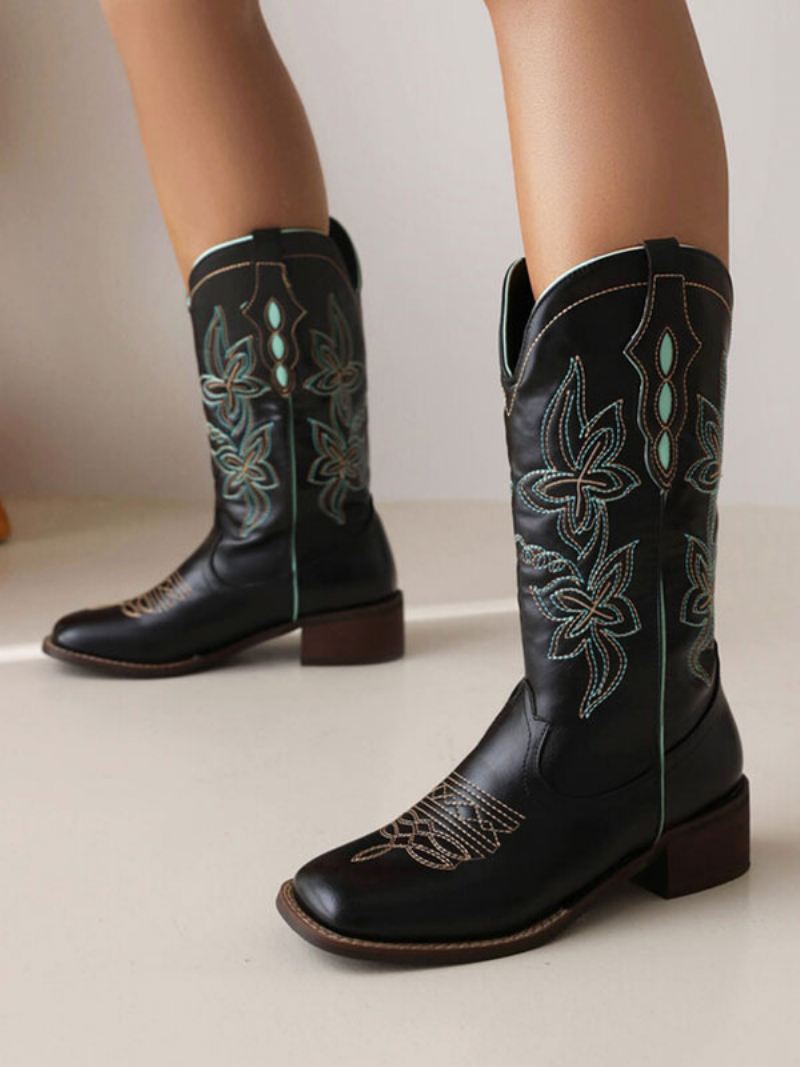 Dames Halfhoge Laarzen Pu-leer Cowboylaarzen Met Ronde Neus Cowgirl-trouwschoenen - Zwart