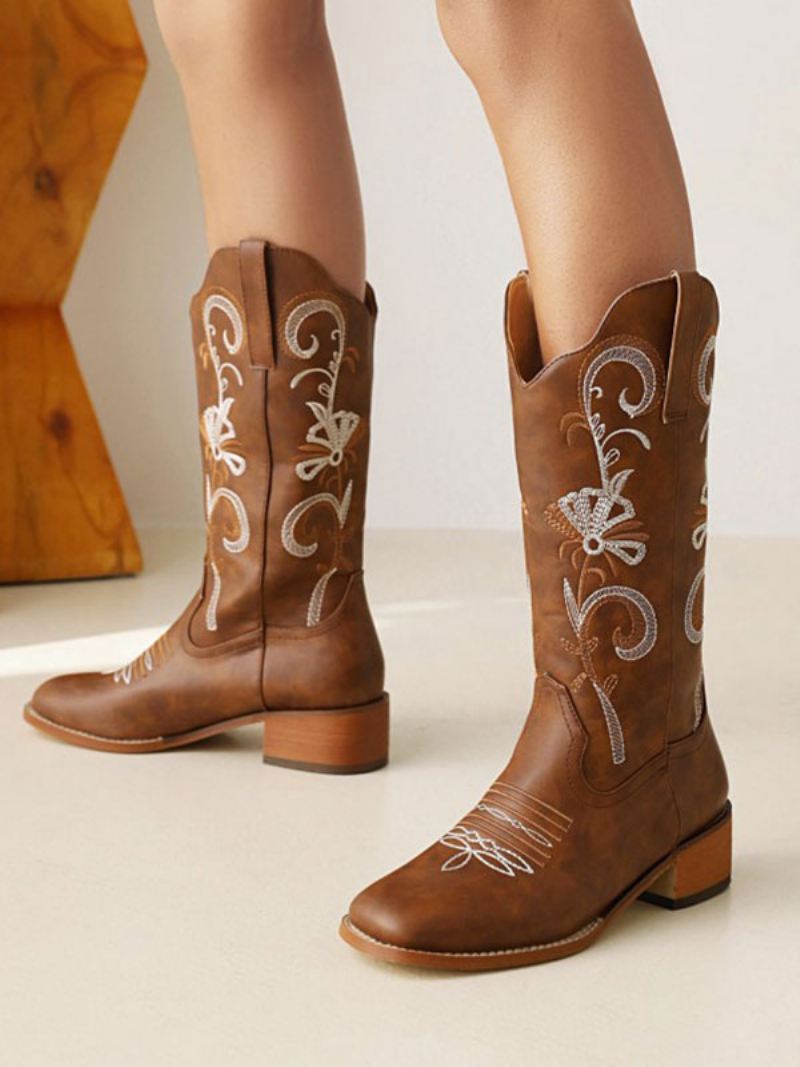 Dames Halfhoge Laarzen Pu-leer Cowboylaarzen Met Ronde Neus Cowgirl-trouwschoenen