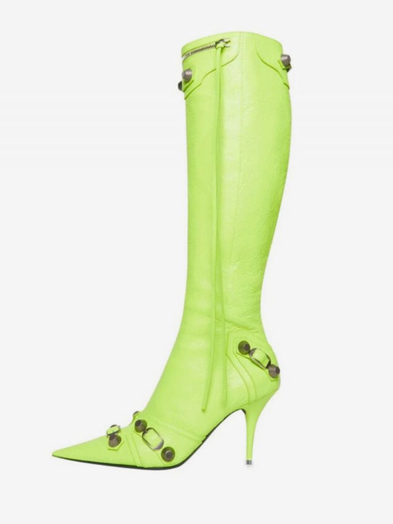 Dames Kniehoge Laarzen Klassieke Puntige Neus Stiletto Magere Hak Studs Gesp Vintage - Lichtgroen