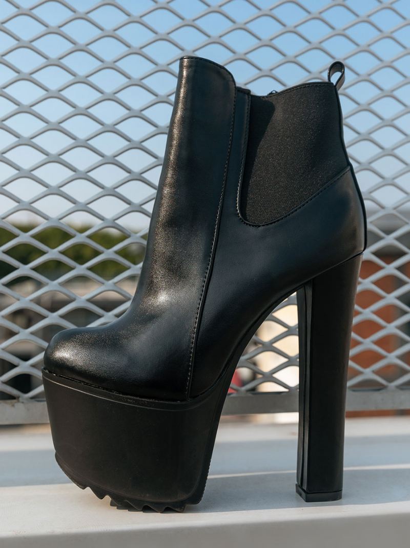 Dames Martijn Laarzen Amandelteen Chunky Heel Platform Zwarte Enkellaarzen - Zwart