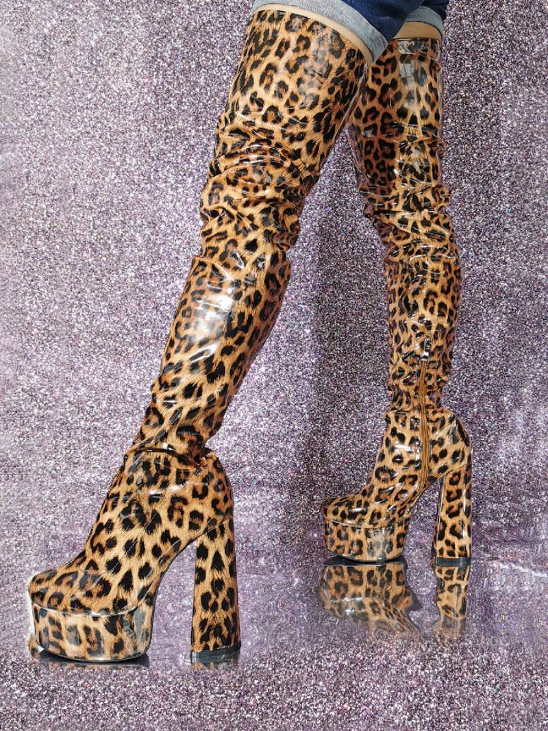 Dames Sexy Dij Hoge Laarzen Leopard Platform Hak Over Knie