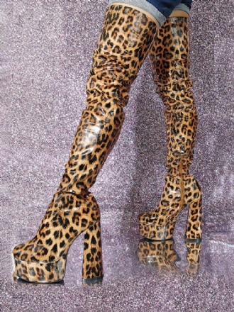 Dames Sexy Dij Hoge Laarzen Leopard Platform Hak Over Knie