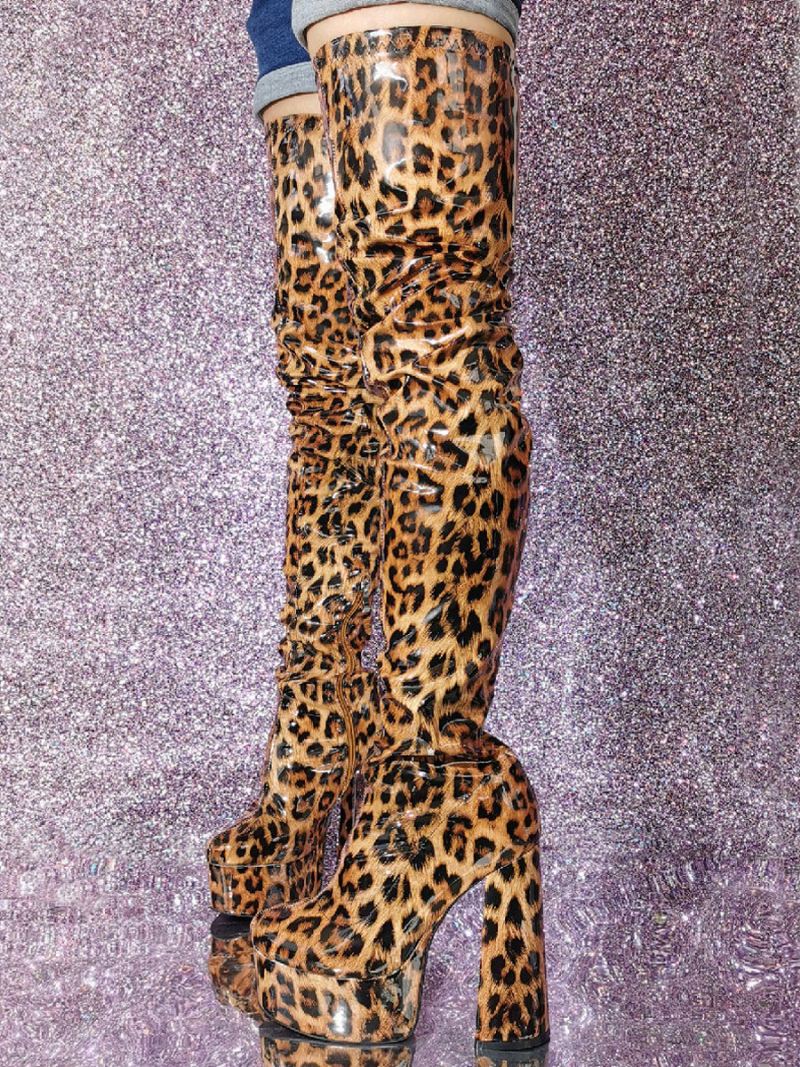 Dames Sexy Dij Hoge Laarzen Leopard Platform Hak Over Knie - Luipaard