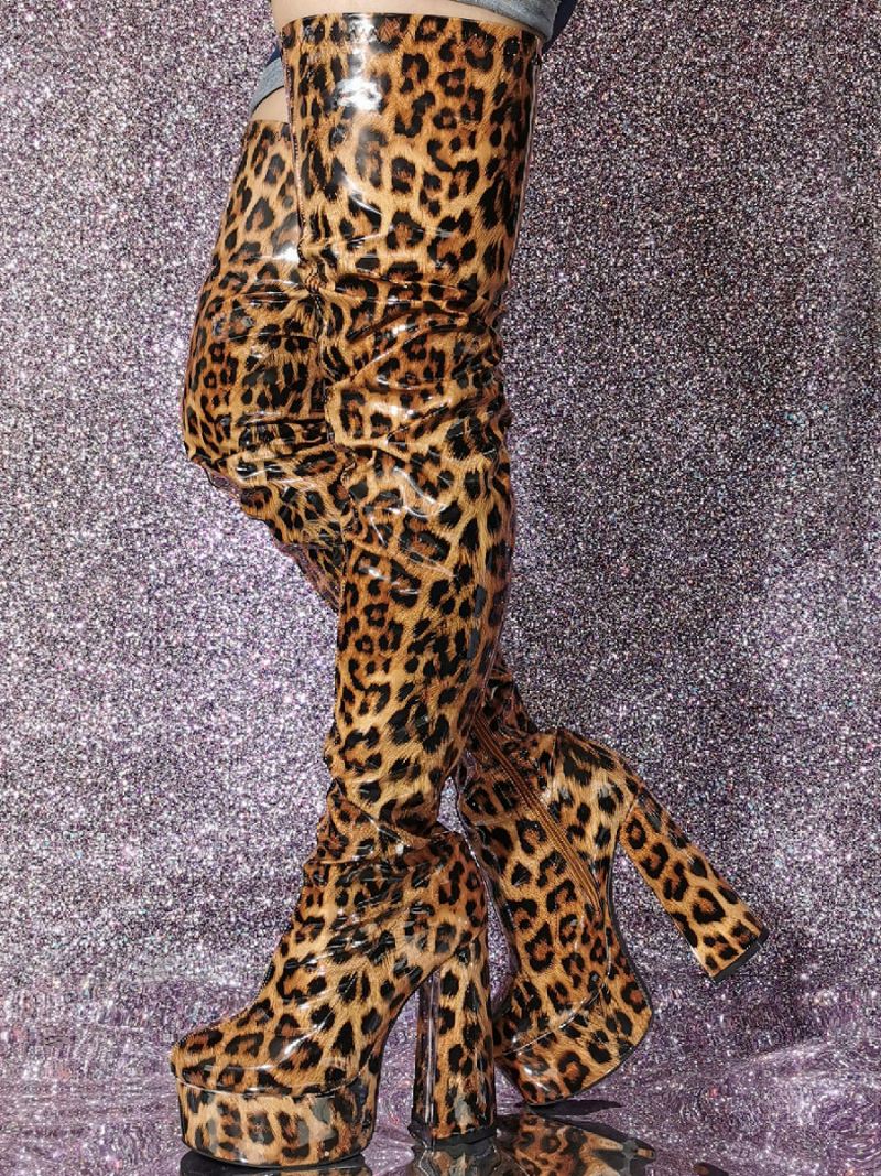 Dames Sexy Dij Hoge Laarzen Leopard Platform Hak Over Knie - Luipaard