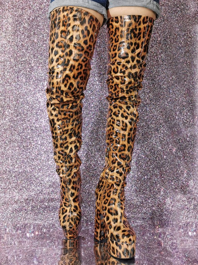 Dames Sexy Dij Hoge Laarzen Leopard Platform Hak Over Knie - Luipaard