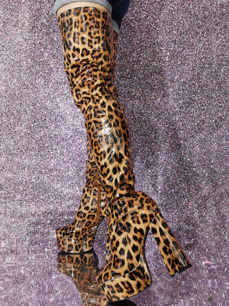 Dames Sexy Dij Hoge Laarzen Leopard Platform Hak Over Knie - Luipaard