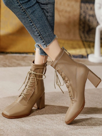 Dames Vintage Enkellaarzen Suqare Toe Lace Up Chunky Heel Booties