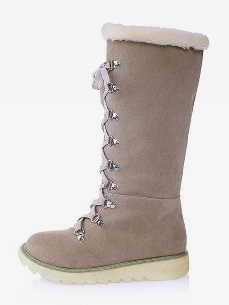 Dameswinterlaarzen Suede Ecru Witte Ronde Neus Platte Veterlaarzen - Beige