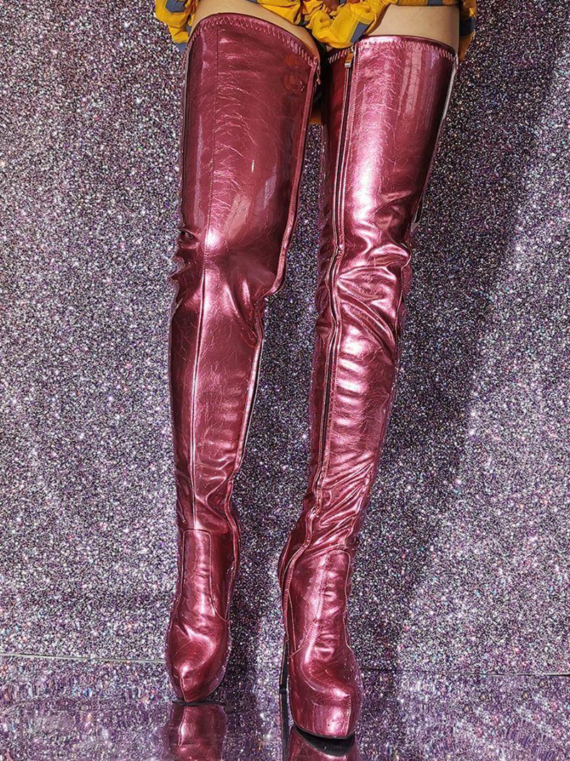 Dijhoge Laarzen Dames Metallic Ronde Neus Overknee Met Naaldhak - Sintelrood