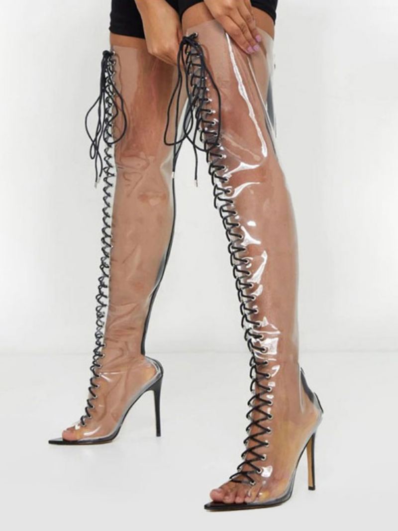 Dijhoge Laarzen Dames Pvc Bovenwerk Zwarte Stiletto Hakken Met Puntige Neus