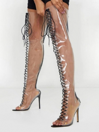 Dijhoge Laarzen Dames Pvc Bovenwerk Zwarte Stiletto Hakken Met Puntige Neus