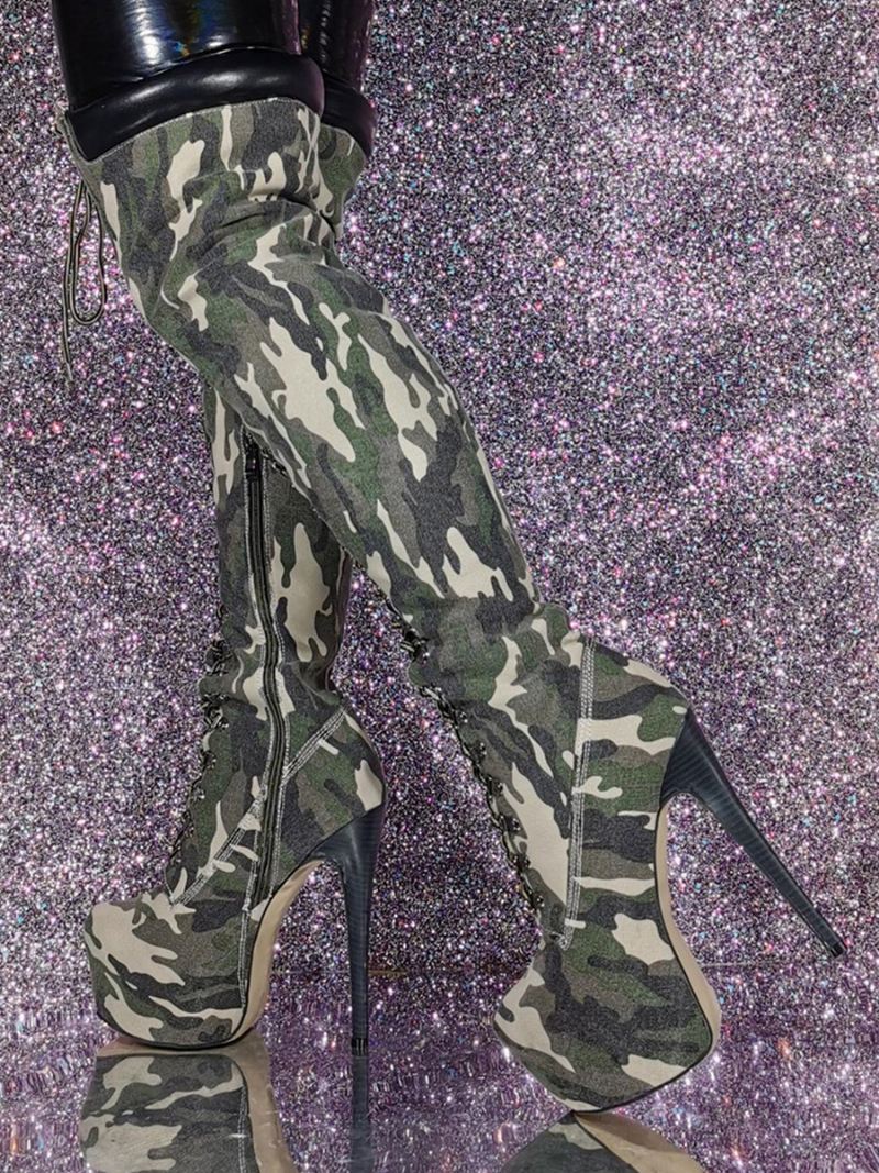 Dijhoge Laarzen Met Stilettohak Camouflageprint Dames