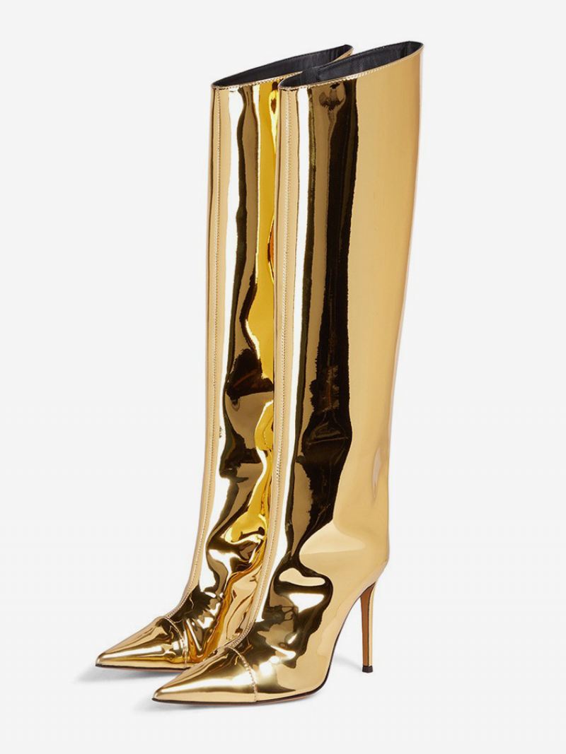 Gouden Knielaarzen Dames Metallic Puntige Neus Knielange Laarzen Met Stilettohak - Goud