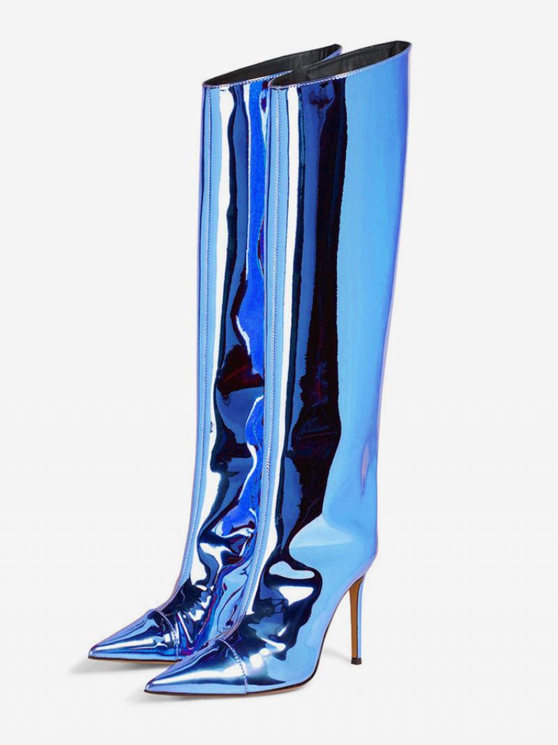 Gouden Knielaarzen Dames Metallic Puntige Neus Knielange Laarzen Met Stilettohak - Blauw