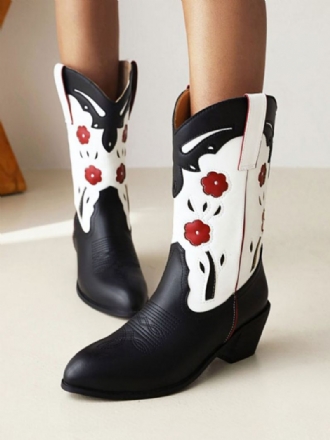 Halfhoge Kuitlaarzen Dames Pu-leer Cowboylaarzen Met Puntige Neus Laarzen Puppyhak Cowgirl-trouwschoenen