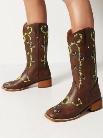 Halfhoge Kuitlaarzen Dames Pu-leer Cowboylaarzen Met Ronde Neus Laarzen Puppyhak Cowgirl-trouwschoenen