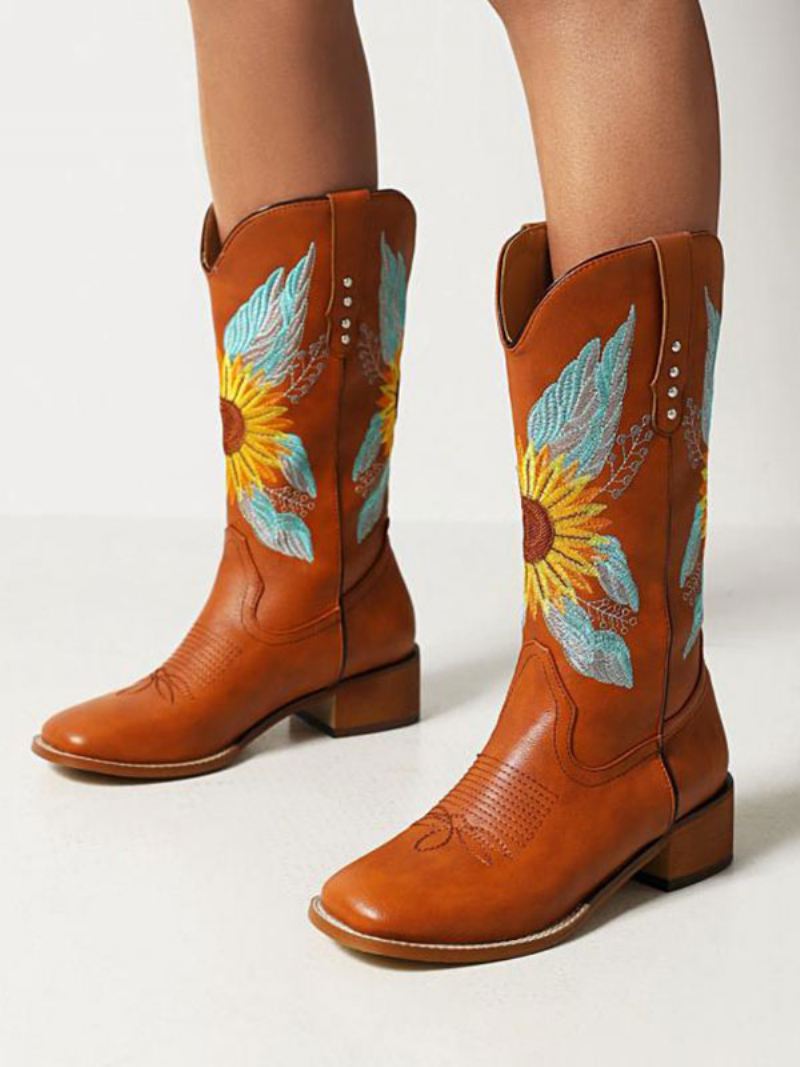 Halfhoge Laarzen Dames Pu-leer Cowboylaarzen Met Ronde Neus Cowgirl-trouwschoenen