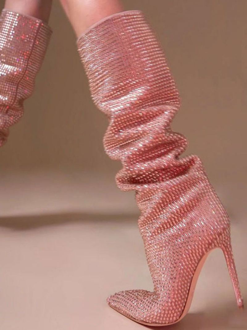 Hoge Hak Brede Kuitlaarzen Dames Strass Puntige Neus Stiletto Kniehoge Laarzen Sexy Feestschoenen - Roze