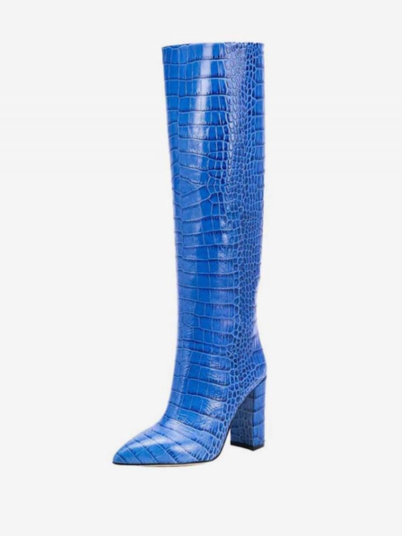 Kniehoge Laarzen Met Crocoprint Dames Dikke Hak - Blauw