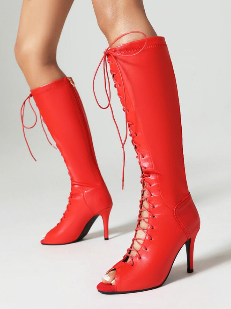 Kniehoge Laarzen Met Veters Dames Peep Toe Hoge Hak Sandaallaarzen - Rood