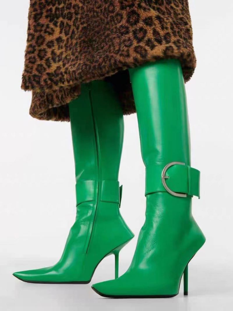 Metallic Milde Kuitlaarzen Dames Paarse Gesp Puntige Neus Stiletto Hak Laarzen - Groen