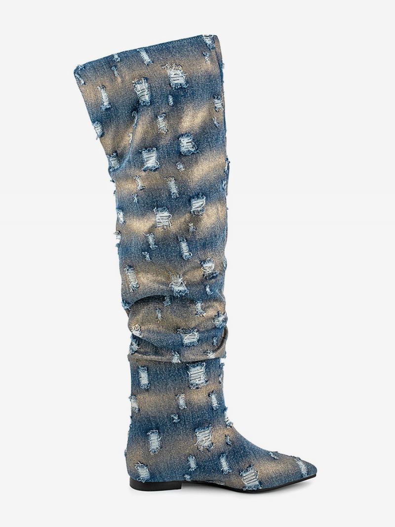 Overknee Laarzen Dames Denim Noodlijdende Platte Dijhoge Met Puntige Neus - Blauw