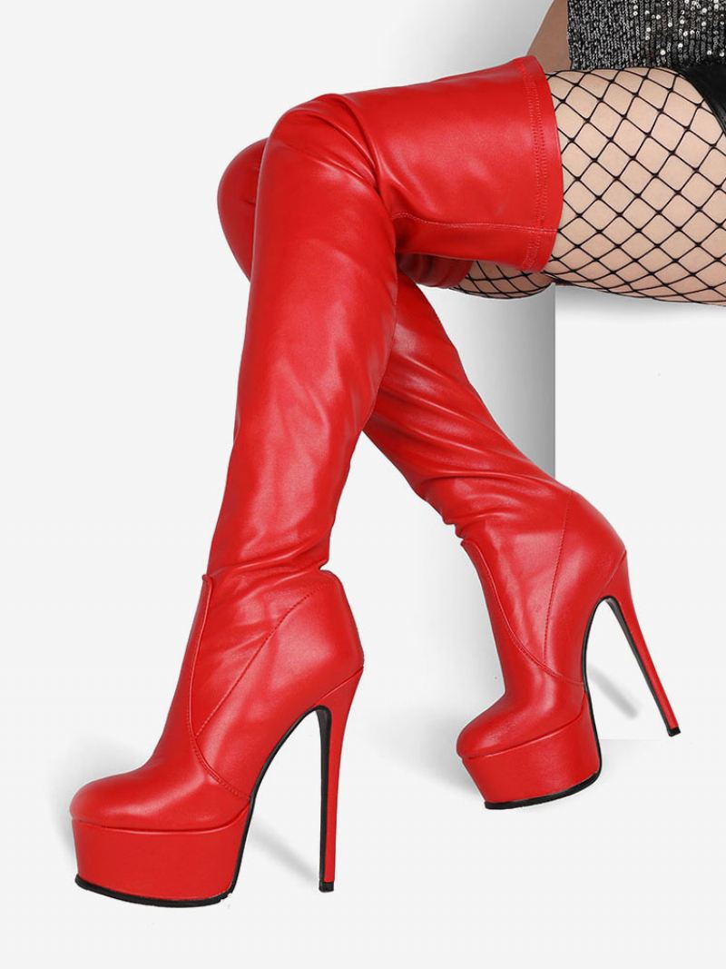 Overknee Laarzen Dames Leer Zwarte Ronde Neus Platform Dijhoge - Rood