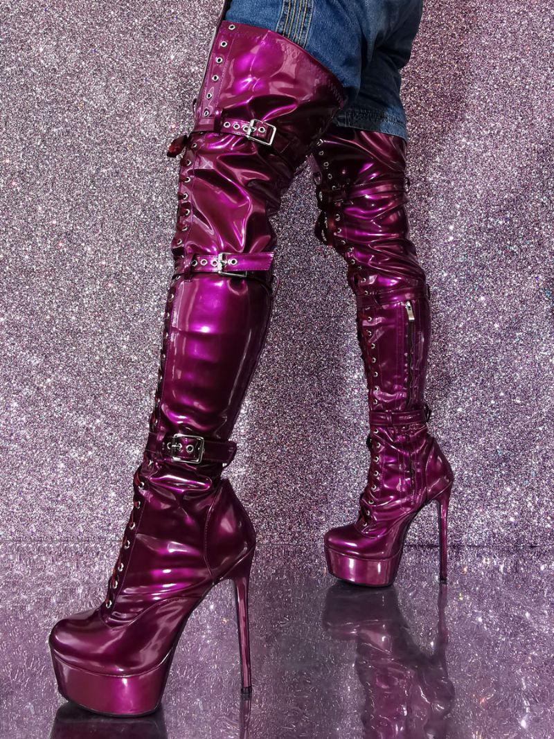 Overknee Laarzen Dames Sexy Metallic Feestschoenen Met Ronde Neus Stilettohak - Pruim