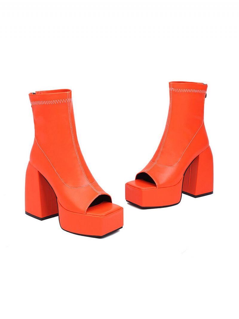 Peep Toe Zomerlaarzen Dames Met Dikke Hakken - Oranje