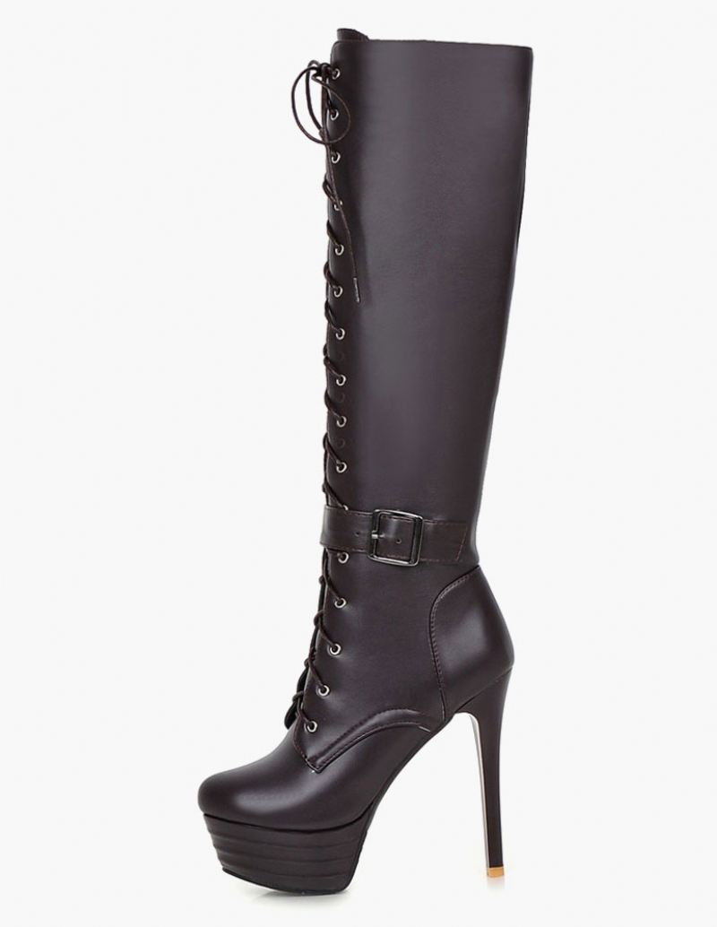 Platform Kniehoge Laarzen Dames Patent Veterschoenen Met Ronde Neus Stiletto Hak Winterlaarzen