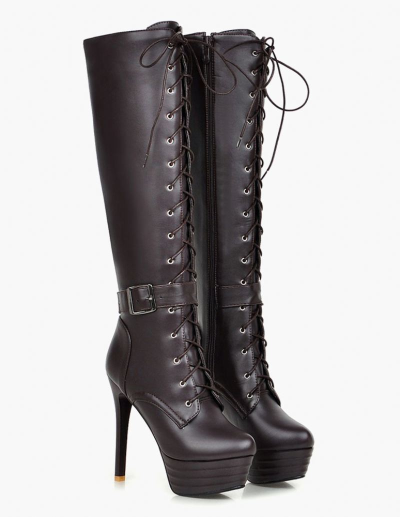 Platform Kniehoge Laarzen Dames Patent Veterschoenen Met Ronde Neus Stiletto Hak Winterlaarzen - Koffiebruin