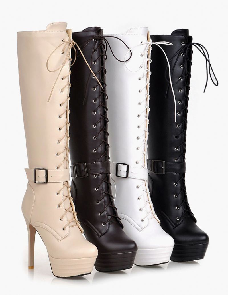 Platform Kniehoge Laarzen Dames Patent Veterschoenen Met Ronde Neus Stiletto Hak Winterlaarzen - Wit