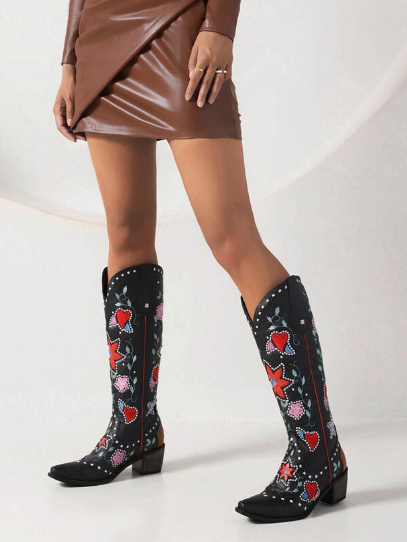 Pu-leer Damesschoenen Met Puntige Neus Dikke Hak Halfhoge Kuitlaarzen Cowgirl-trouwschoenen - Zwart