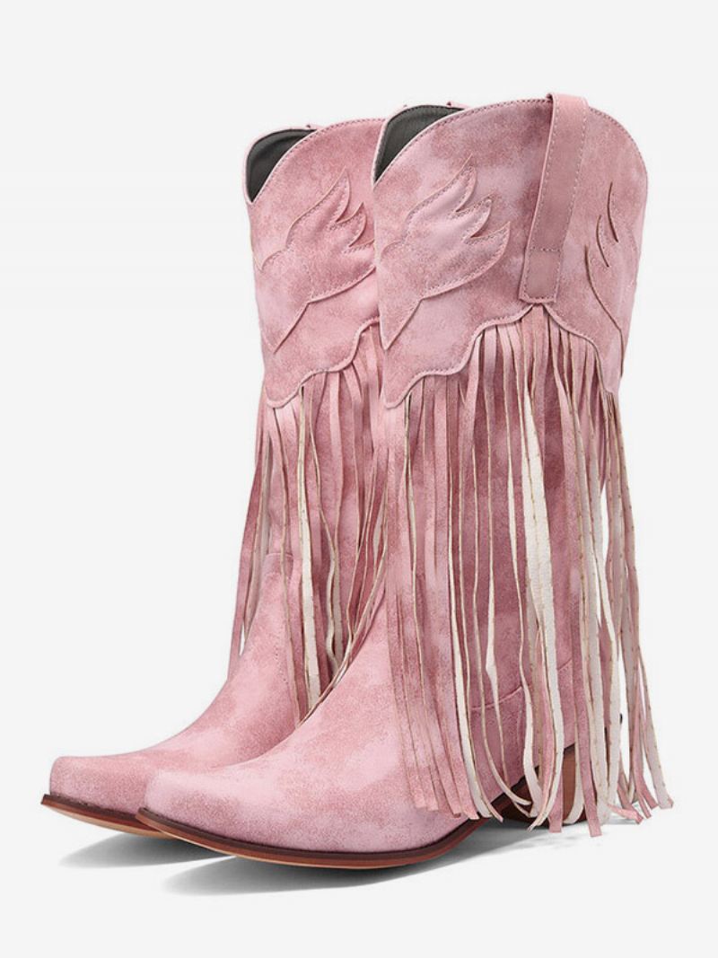 Suede Roze Westerse Laarzen Dames Puntige Neus Kwastje Cowboylaarzen